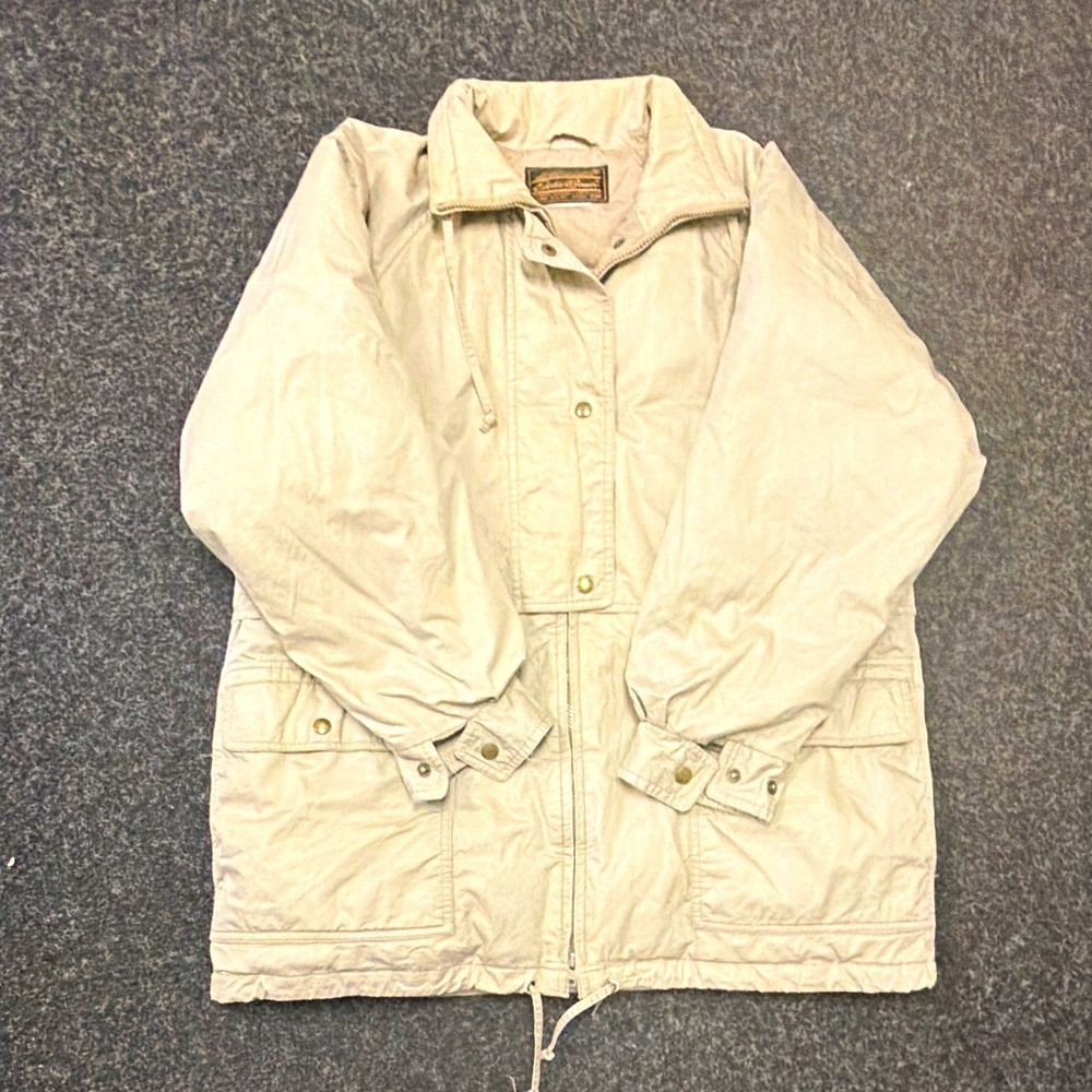 Eddie Bauer Men's L Beige Down Insulated Zip/Button Mid-Length Jacket